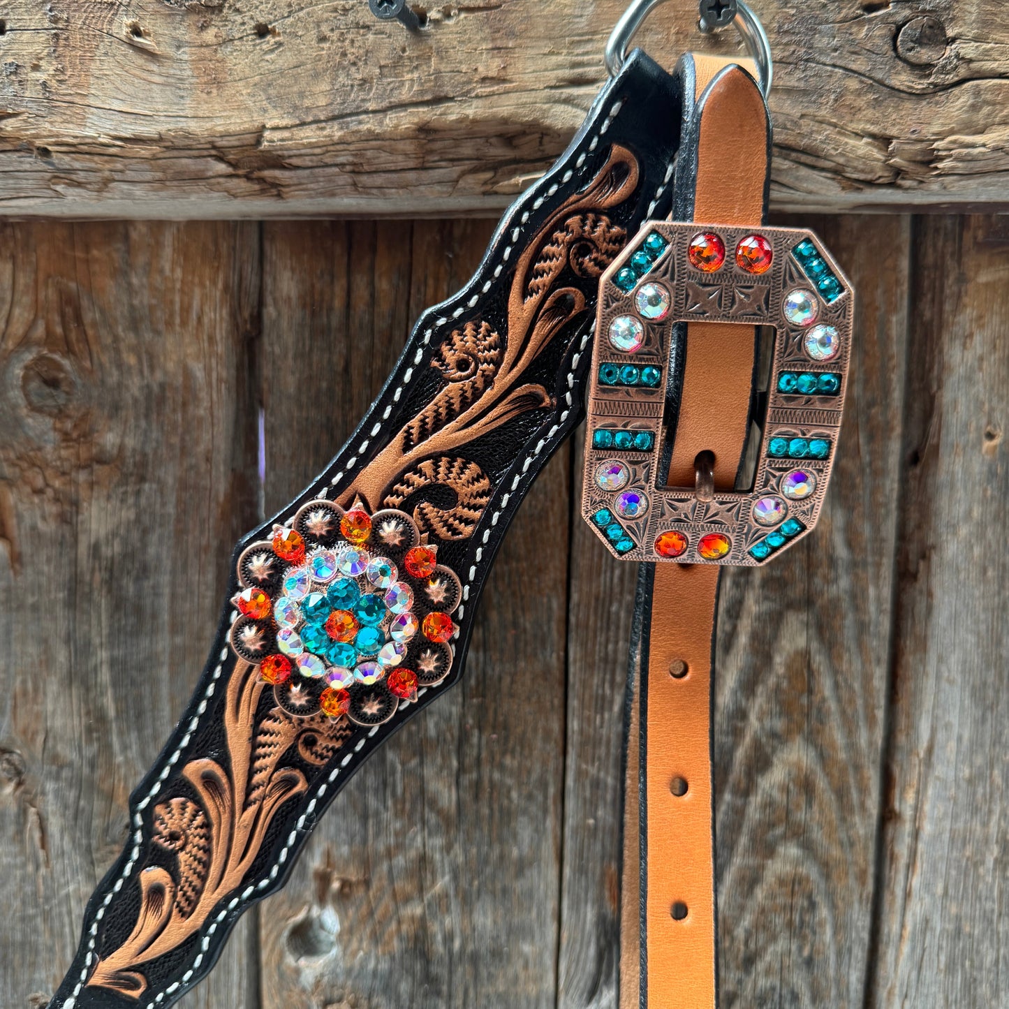 Two Tone Floral Triangle Orange and Teal Browband/One Ear - Triangle/Gladiator Breastcollar Tack Set #BBBC670NW