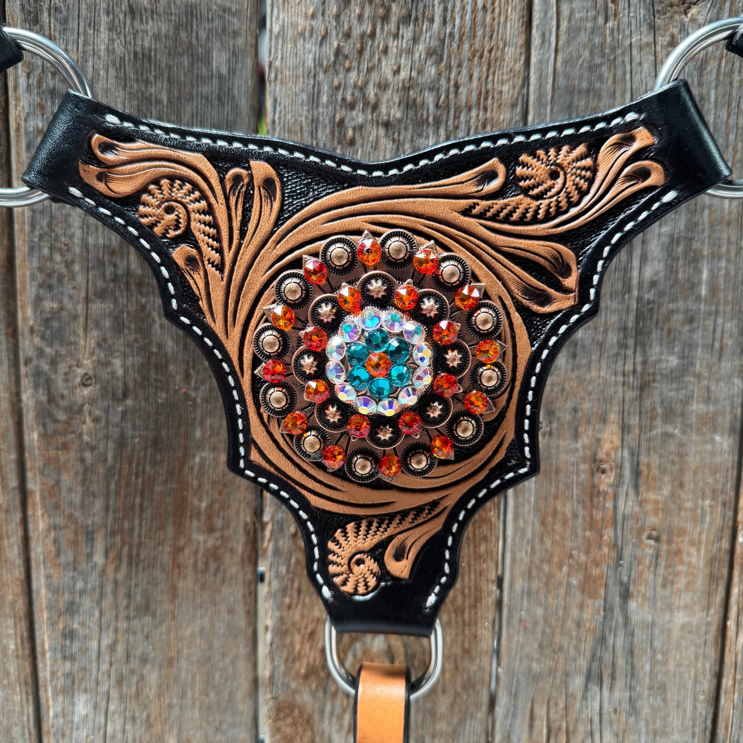 Two Tone Floral Triangle Orange and Teal Browband/One Ear - Triangle/Gladiator Breastcollar Tack Set #BBBC670NW