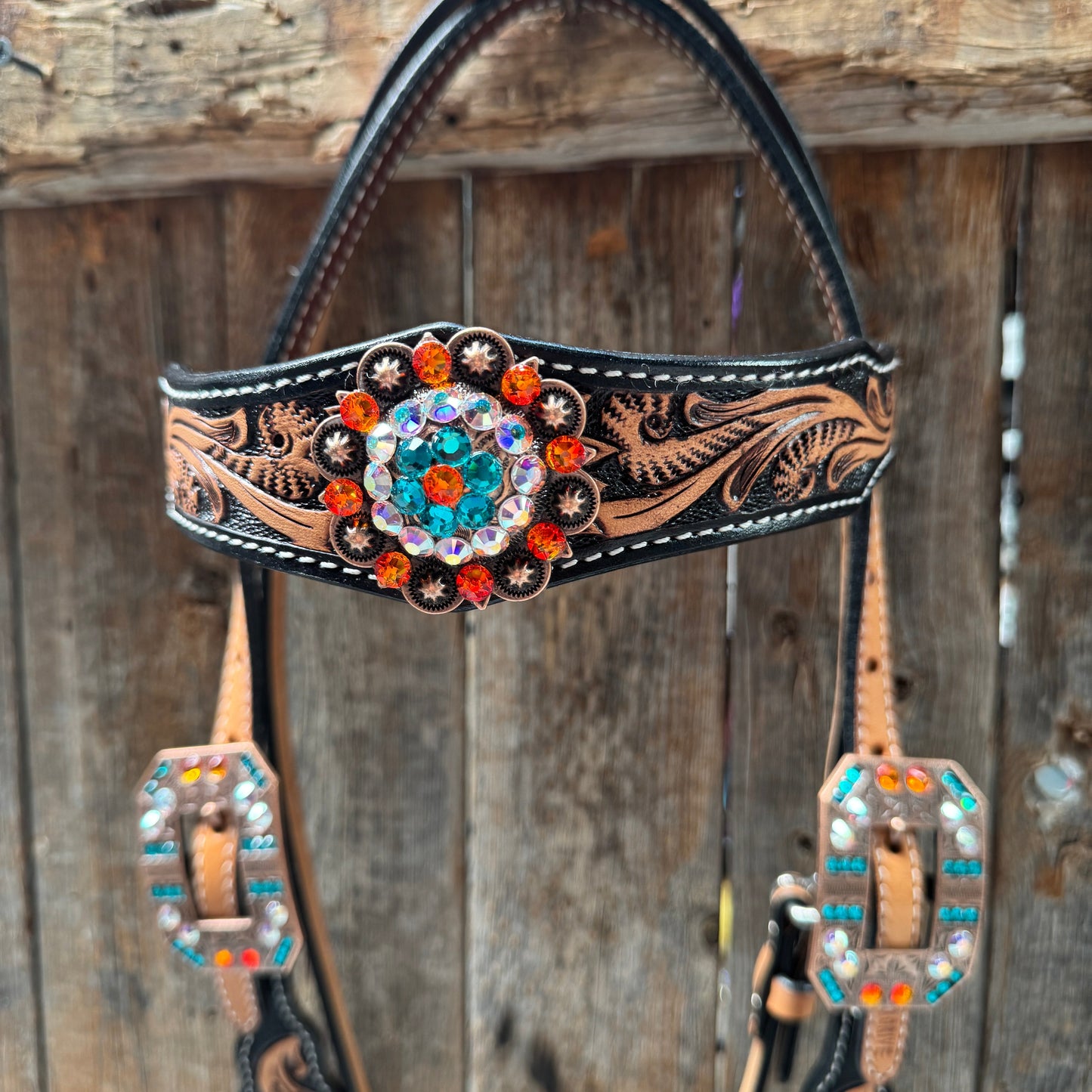 Two Tone Floral Triangle Orange and Teal Browband/One Ear - Triangle/Gladiator Breastcollar Tack Set #BBBC670NW