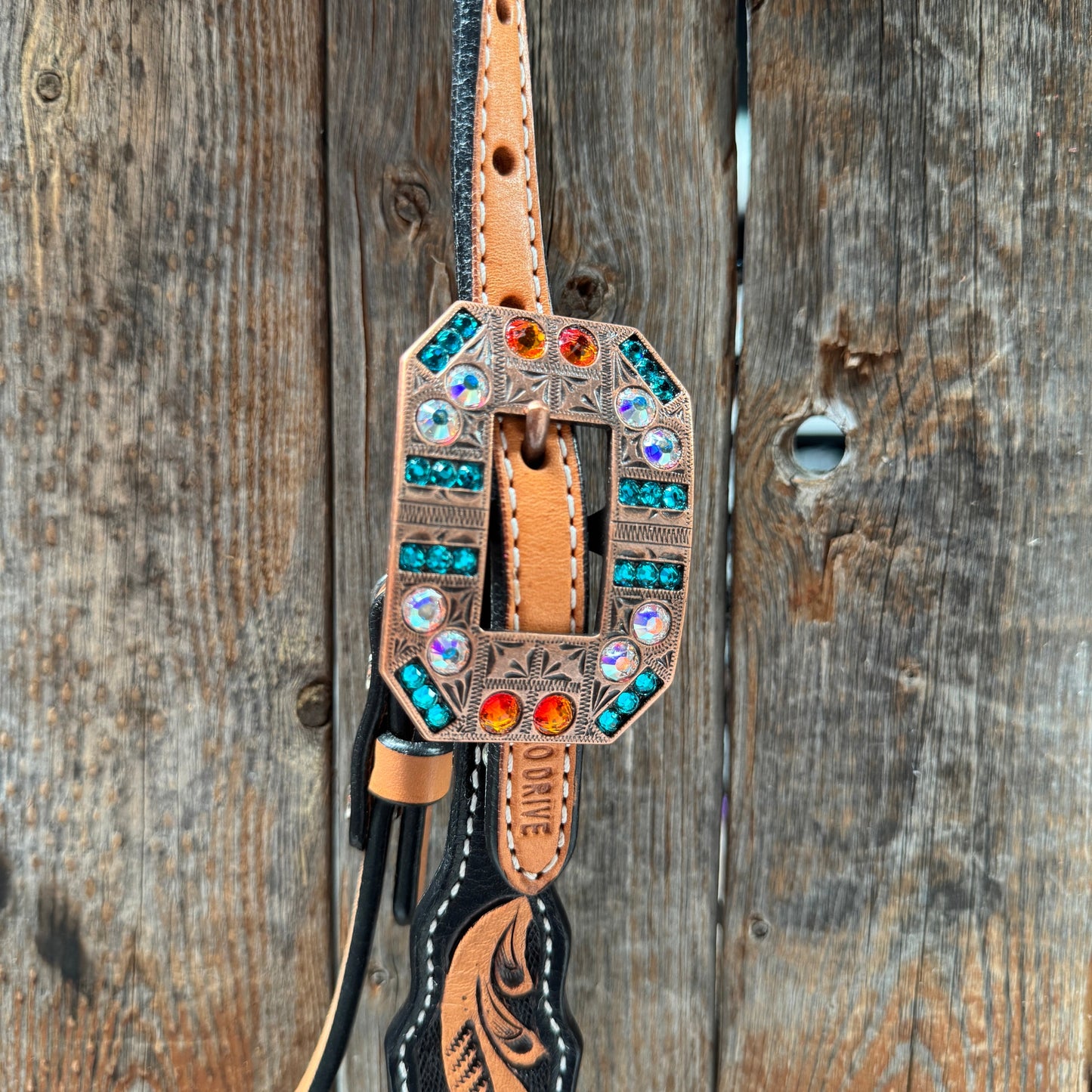 Two Tone Floral Triangle Orange and Teal Browband/One Ear - Triangle/Gladiator Breastcollar Tack Set #BBBC670NW