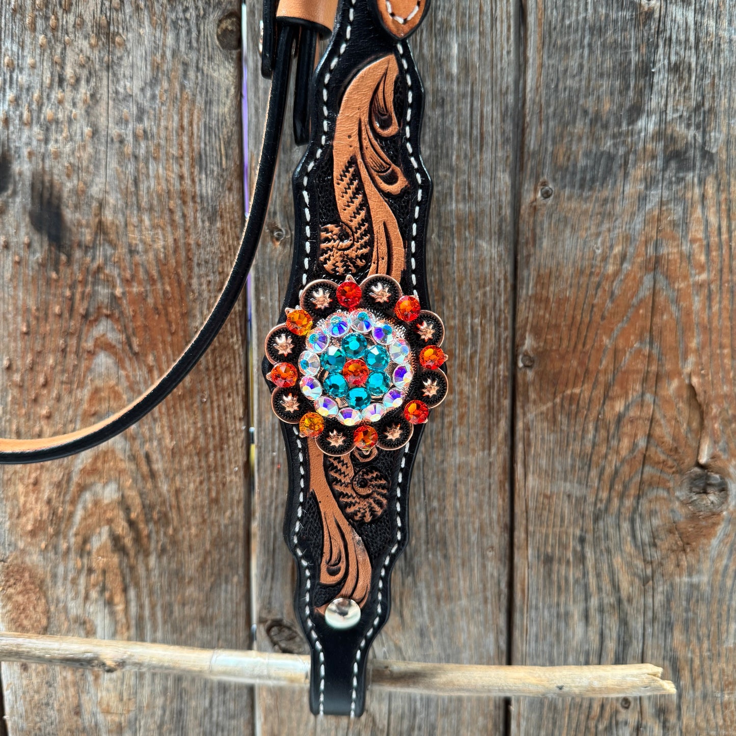 Two Tone Floral Triangle Orange and Teal Browband/One Ear - Triangle/Gladiator Breastcollar Tack Set #BBBC670NW