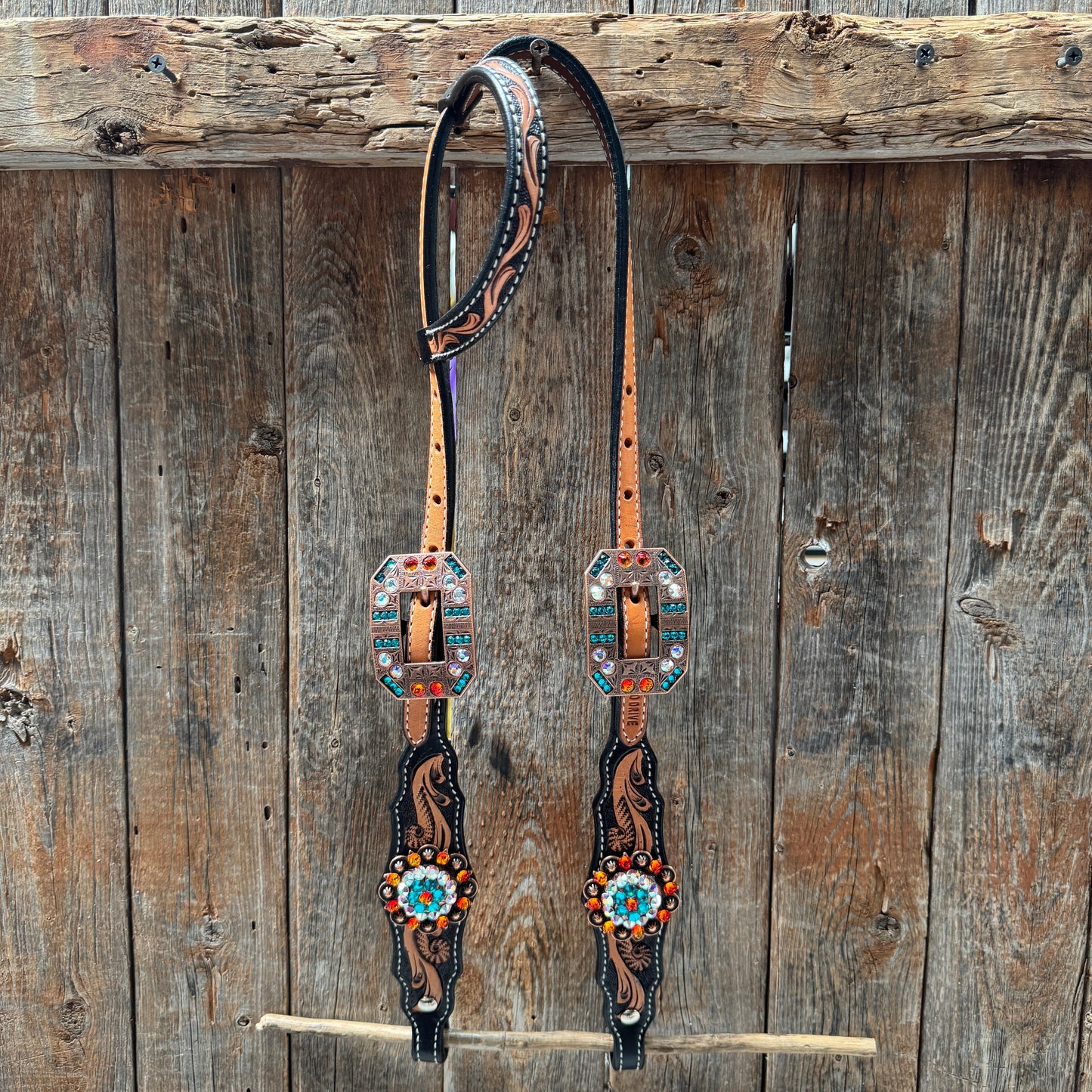 Two Tone Floral Triangle Orange and Teal Browband/One Ear - Triangle/Gladiator Breastcollar Tack Set #BBBC670NW