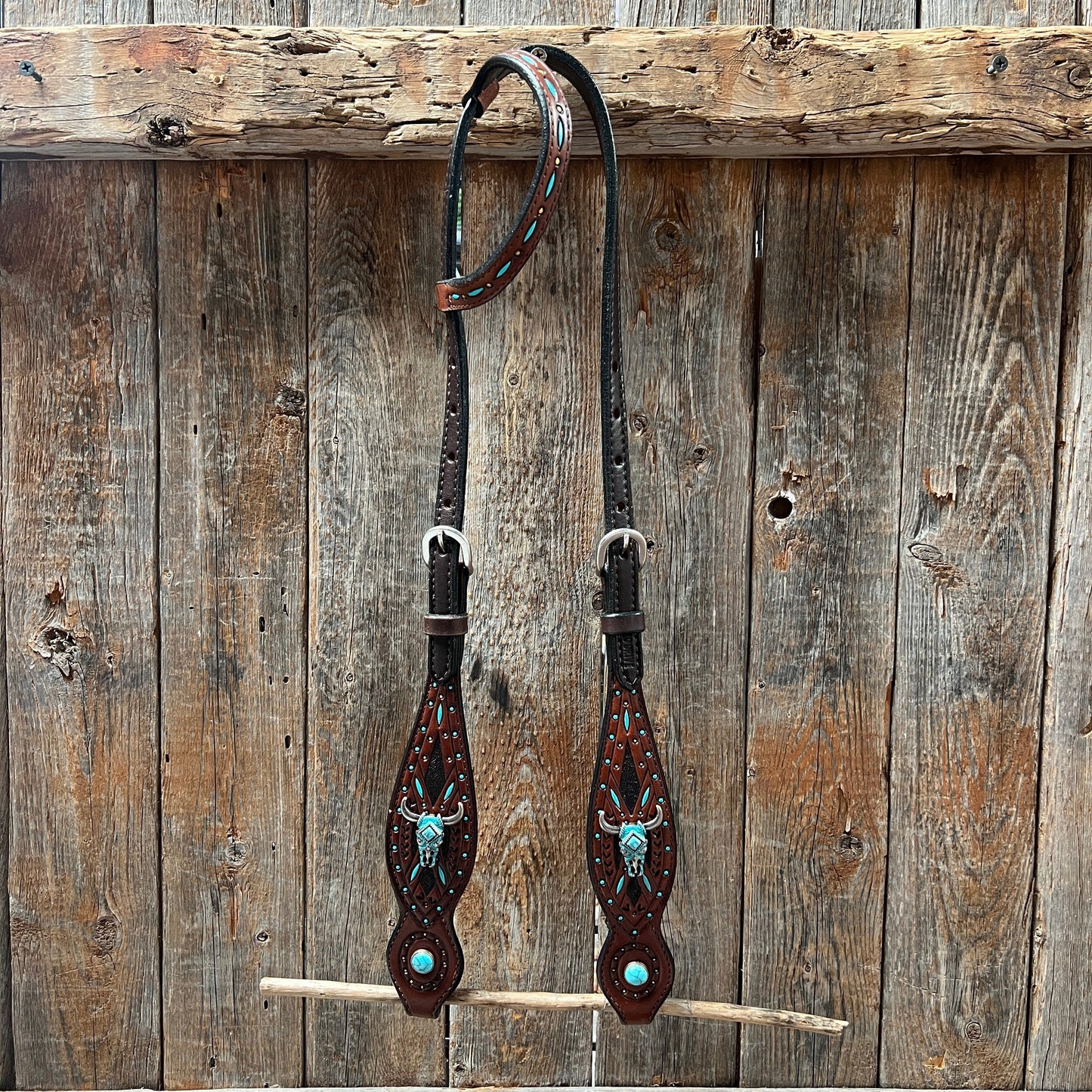 Dark Oil Hand Painted Turquoise Steer Head Browband/One Ear and Breastcollar Tack Set #BBBC624NW