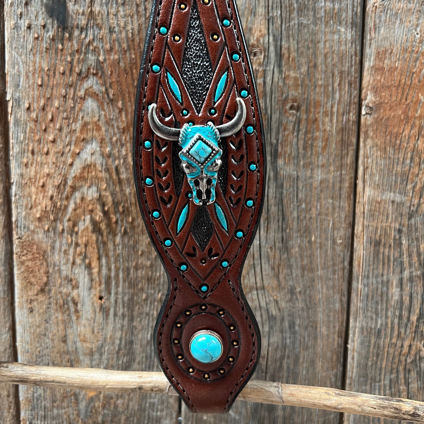 Dark Oil Hand Painted Turquoise Steer Head Browband/One Ear and Breastcollar Tack Set #BBBC624NW
