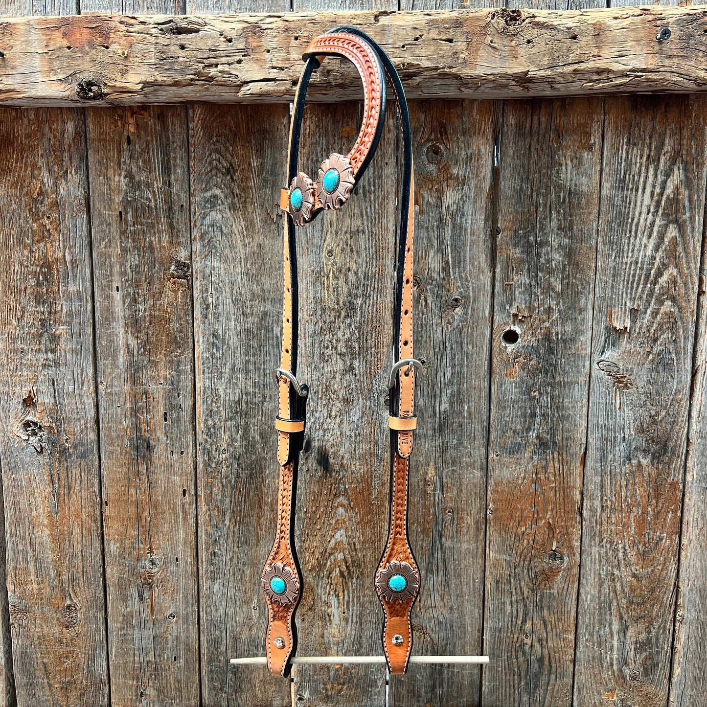 Light Oil Basketweave Copper and Turquoise Browband/One Ear Tack Set  #BBBC625