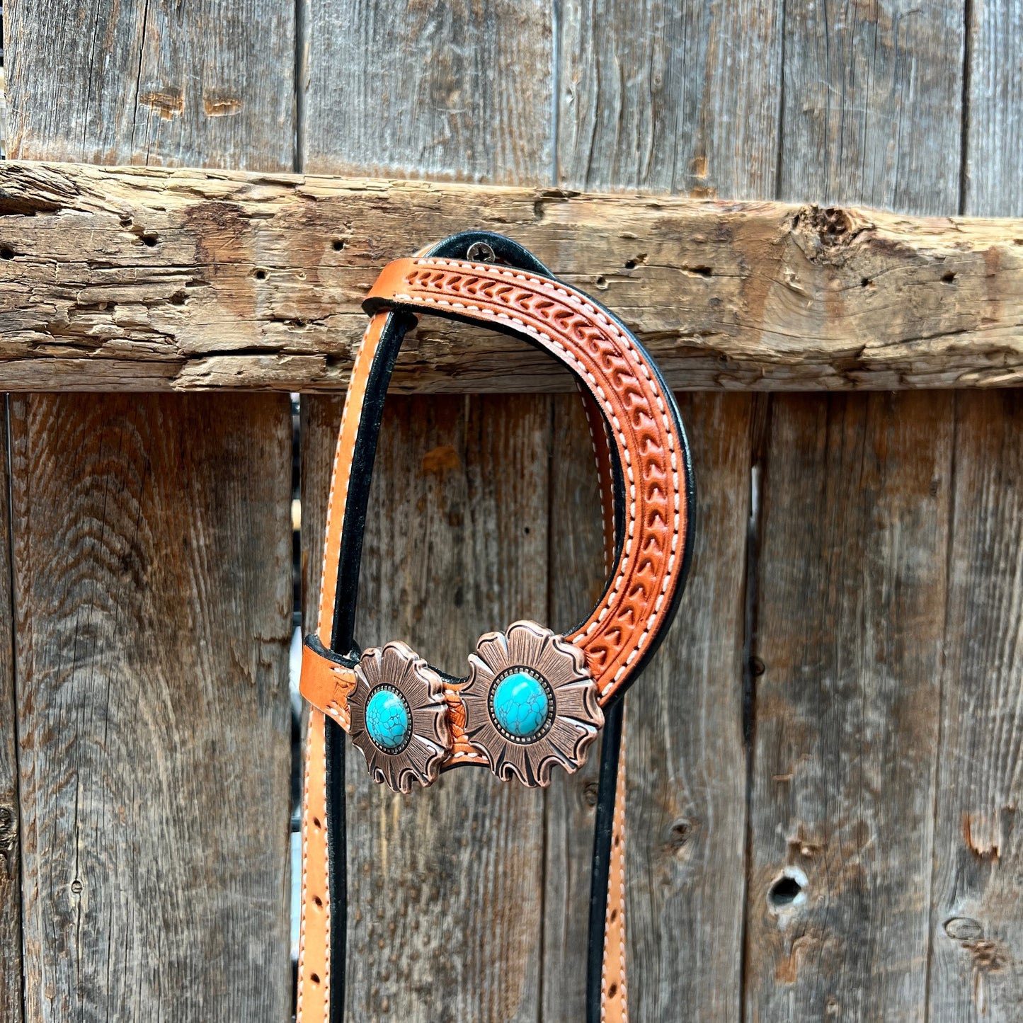 Light Oil Basketweave Copper and Turquoise Browband/One Ear Tack Set  #BBBC625