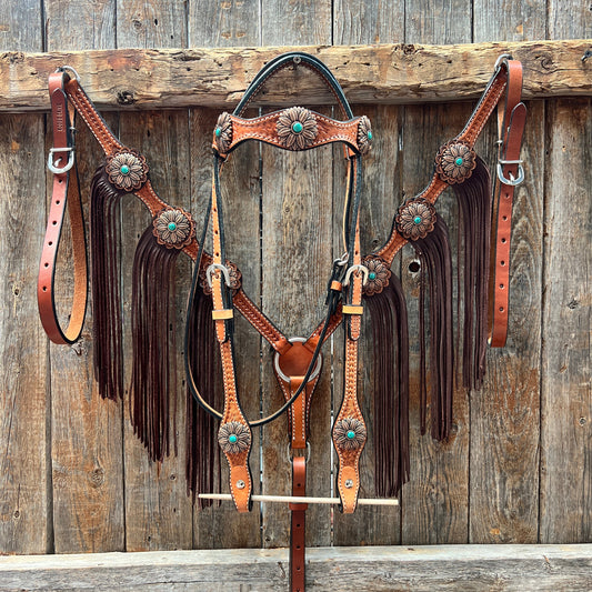 Light Oil Basketweave Copper Flower Browband/One Ear Tack Set  #BBBC620