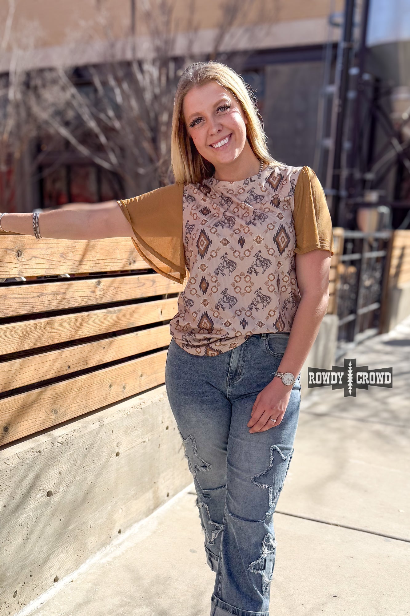 Western Print Top With Bronco Motif And Intricate Earthy Aztec Pattern Detailing