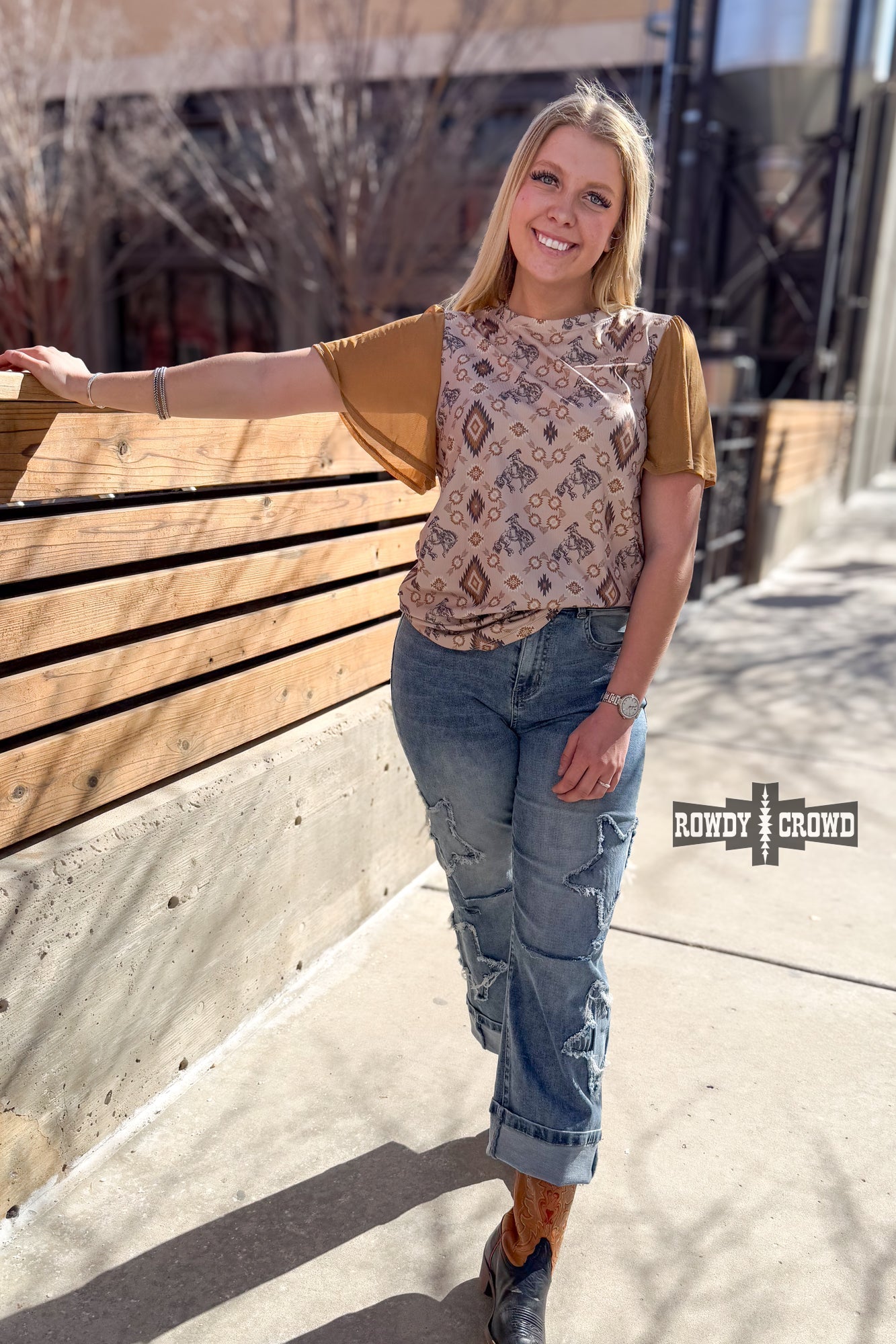Western Print Top With Bronco Motif And Intricate Earthy Aztec Pattern Detailing