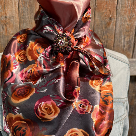 35X35" Pink and Rust Roses Wild Rag / Scarf -Copper Pink, AB, Champagne Slide WRC1007A