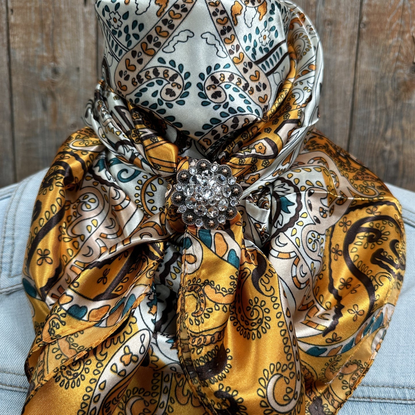 35X35" Golden, Green and Brown Paisley Wild Rag / Scarf -Copper Clear Slide WRC1003B