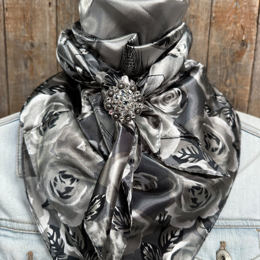 35X35" Grey Roses Wild Rag / Scarf -Antique Silver Clear Slide WRC1008A