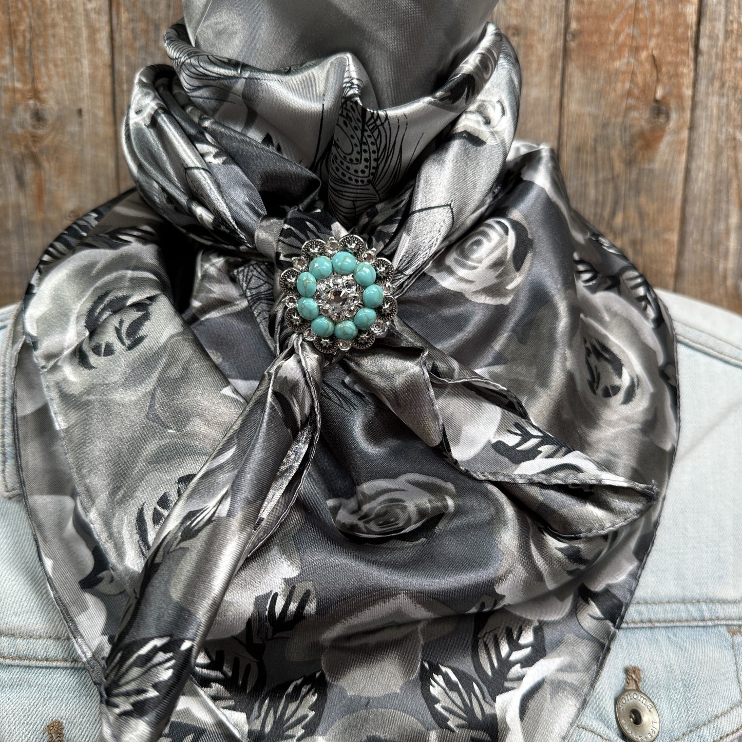 35X35" Grey Roses Wild Rag / Scarf -Antique Silver Turquoise and Clear Slide WRC1008B