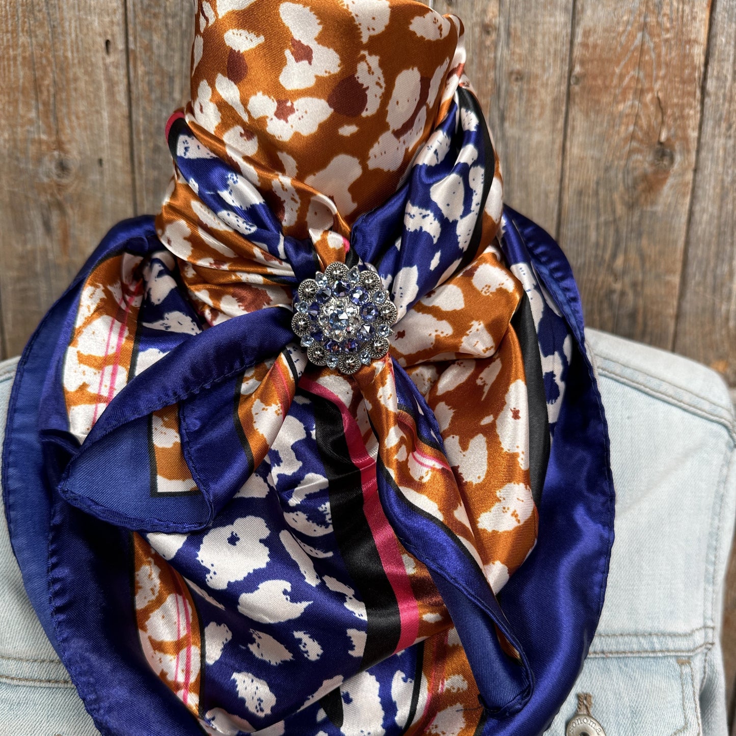 35X35" Blue and Orange Leopard Wild Rag / Scarf -Antique Silver Light Sapphire, Clear and Lilac Slide WRC1013A