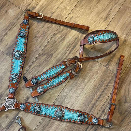 Made to Order Brown leather turquoise Western Tack Set one ear style headstall (BHT054)