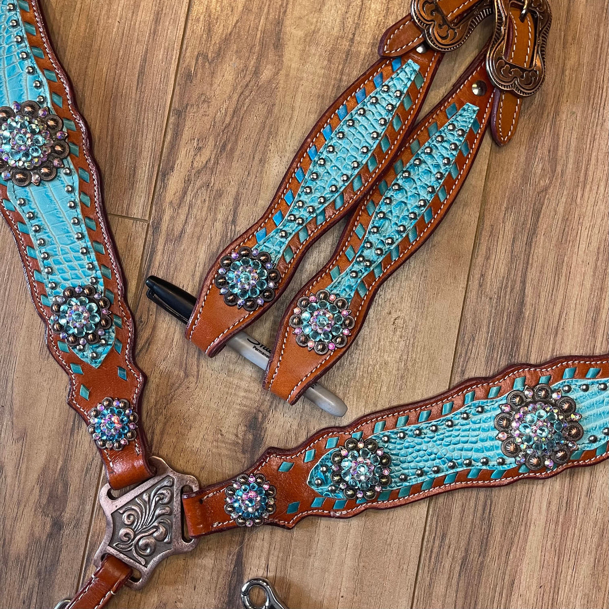 Made to Order Brown leather turquoise Western Tack Set one ear style headstall (BHT054)