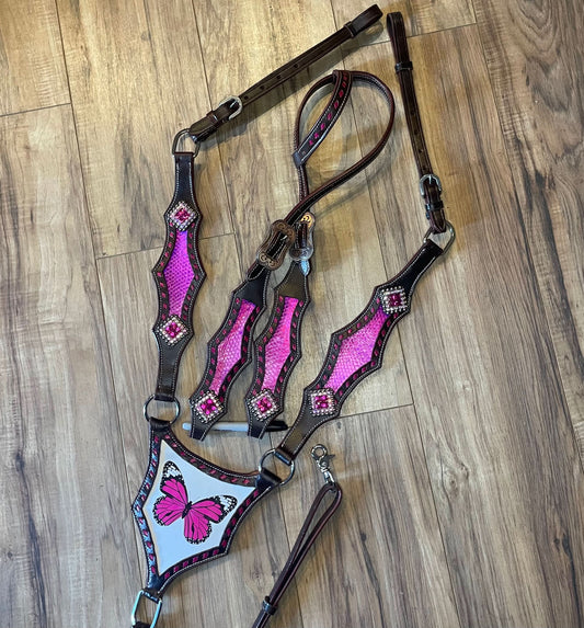Made to order Pink Butterfly Western Tack Set headstall breastplate (BHT053)