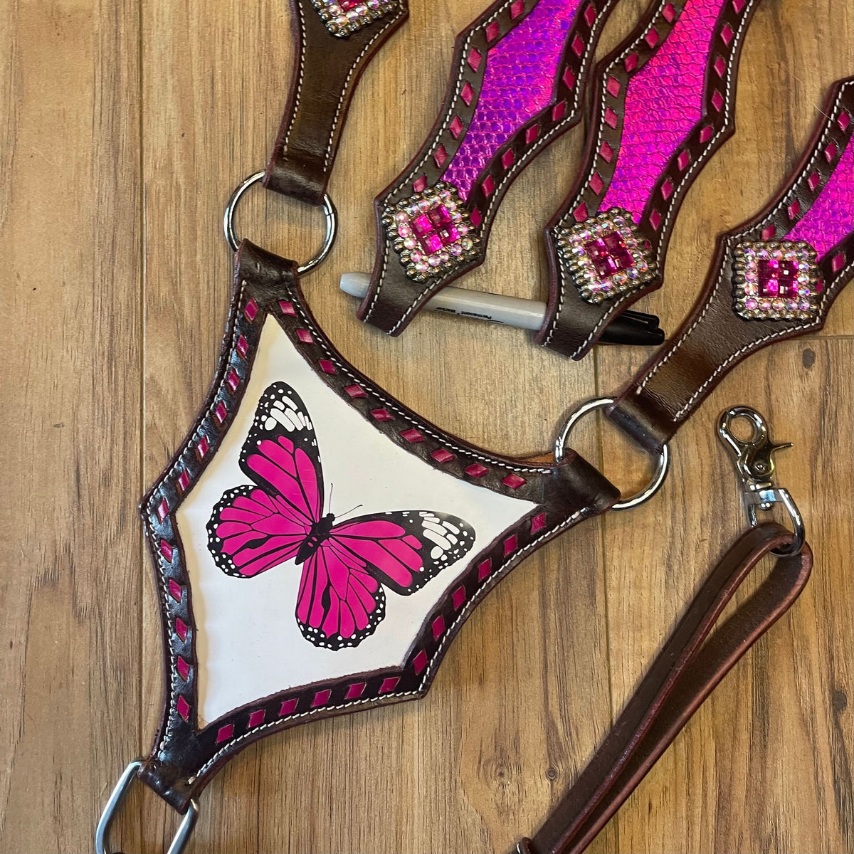 Made to order Pink Butterfly Western Tack Set headstall breastplate (BHT053)