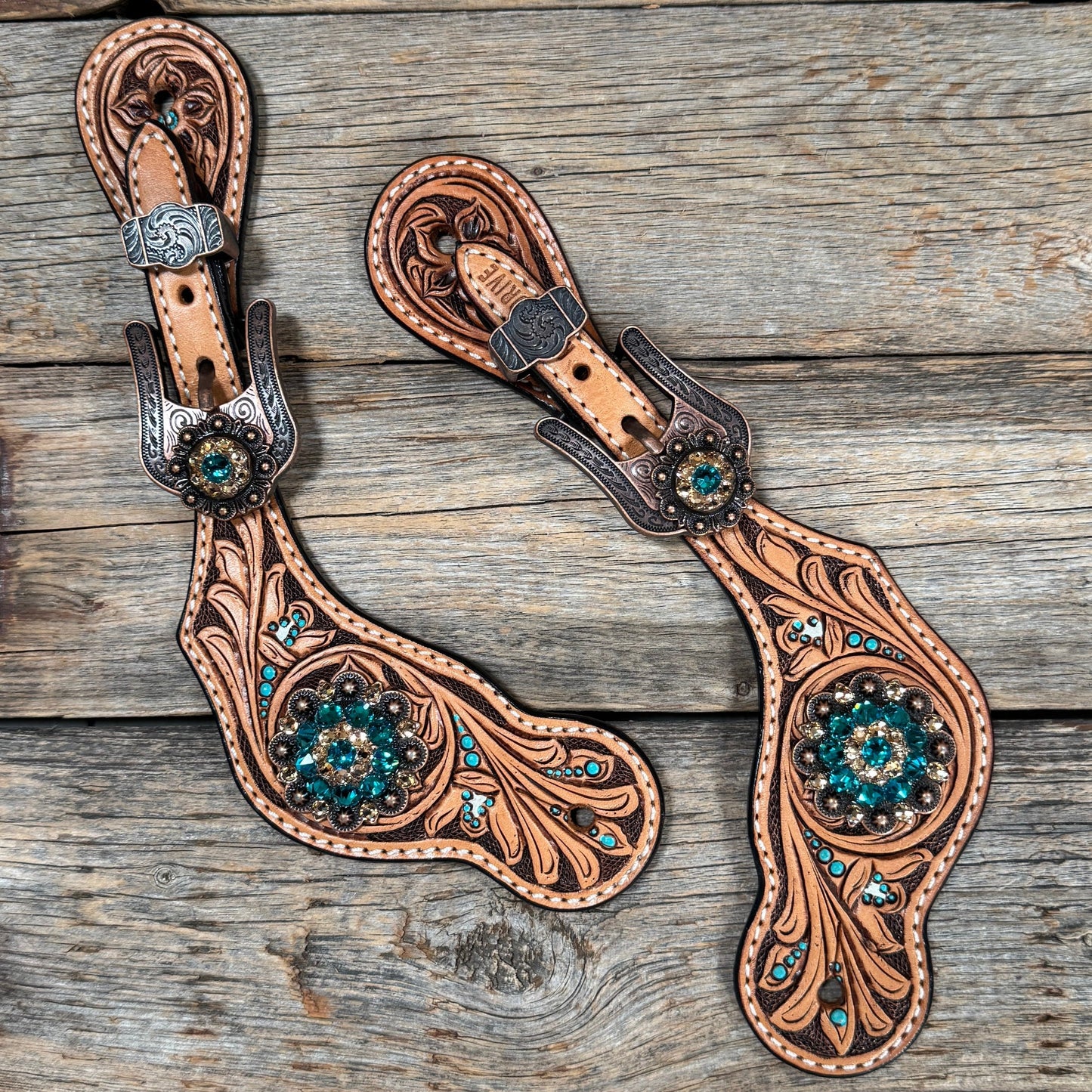 Floral Teal Dot Spur Straps - Copper Teal, Champagne #SS133