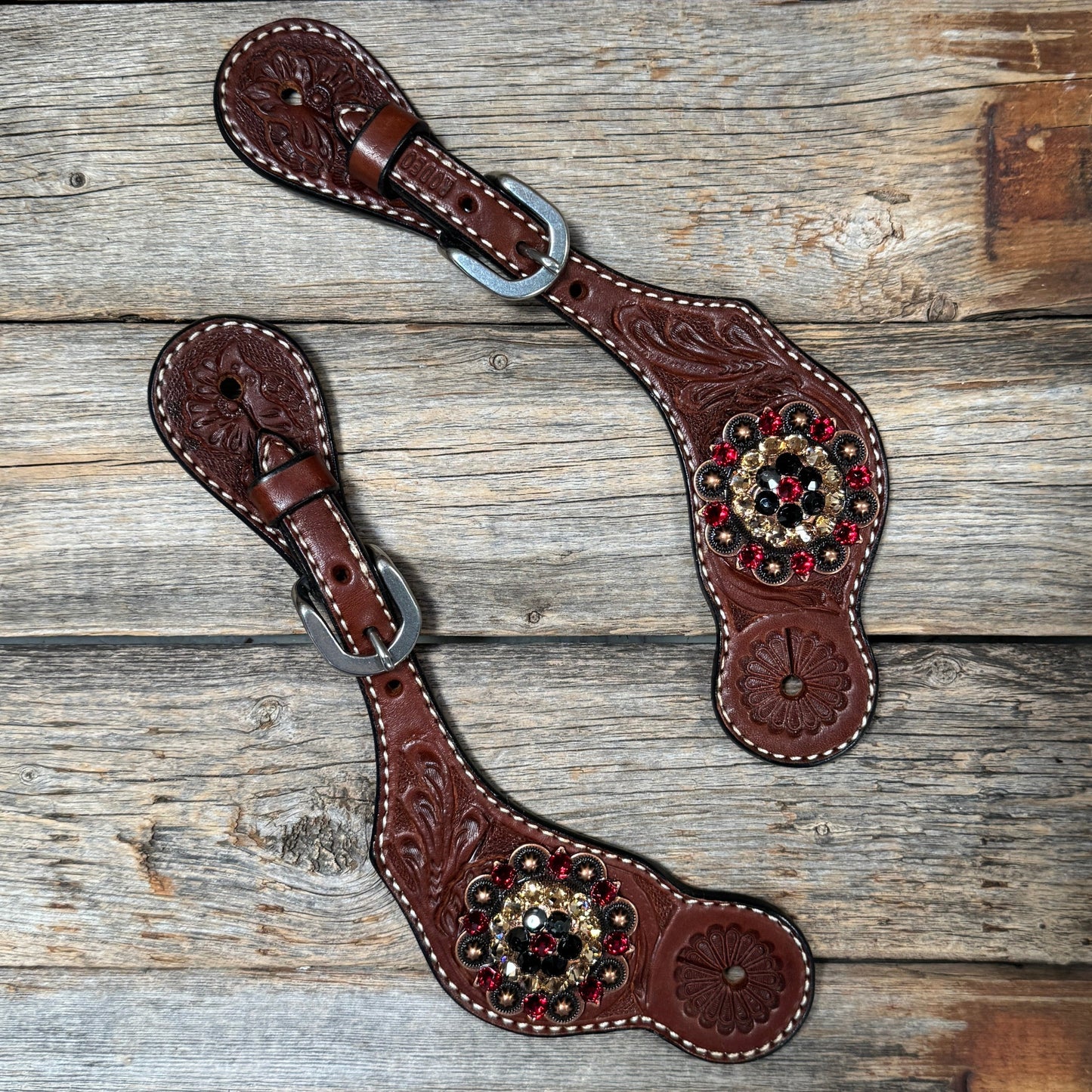 Medium Floral Spur Straps - Copper Crystal Conchos #SS116