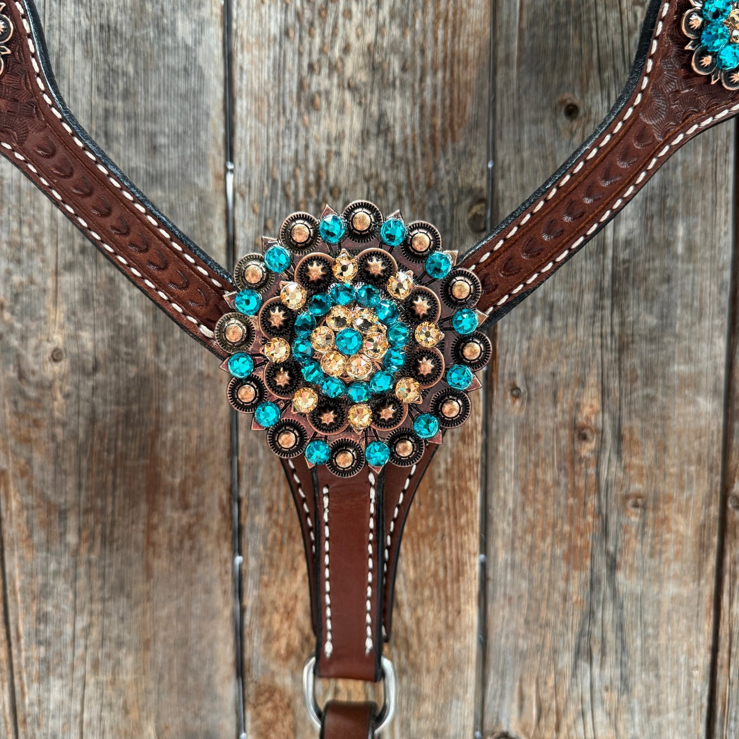 Medium Oil Basketweave Teal, Champagne Browband/One Ear Tack Set  #BBBC671