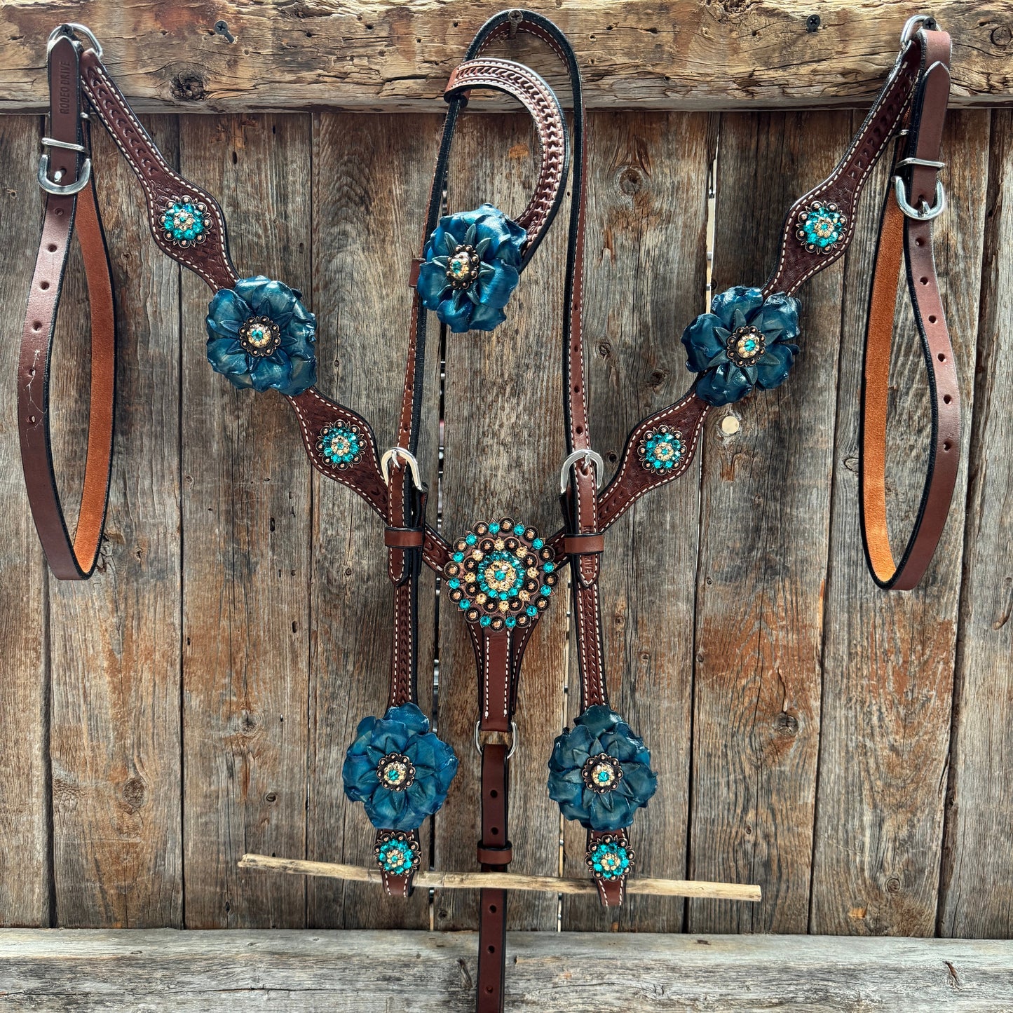 Medium Oil Basketweave Teal, Champagne Browband/One Ear Tack Set  #BBBC671
