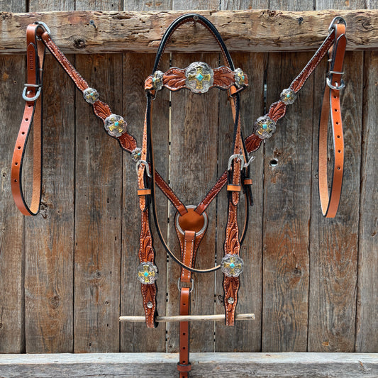Light Oil Floral Gold Cross, Turquoise Browband/One Ear Breastcollar Tack Set #BBBC676