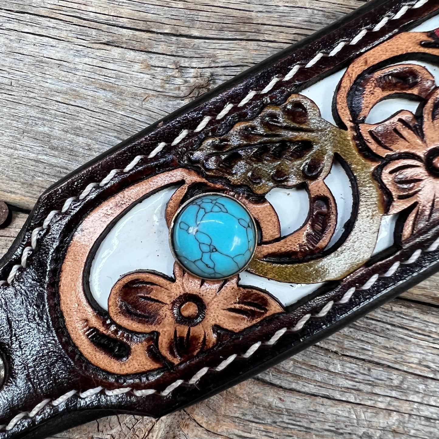 DC65- Floral White Inlay Wide Dog Collar SM-LG Turquoise Cabochons