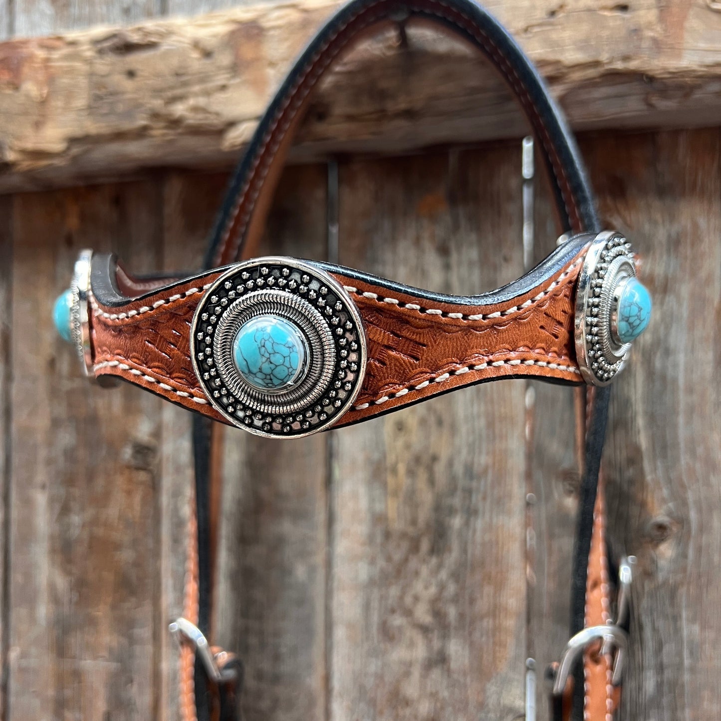 Light Oil Basketweave Turquoise and Dots Browband/One Ear Tack Set  #BBBC639