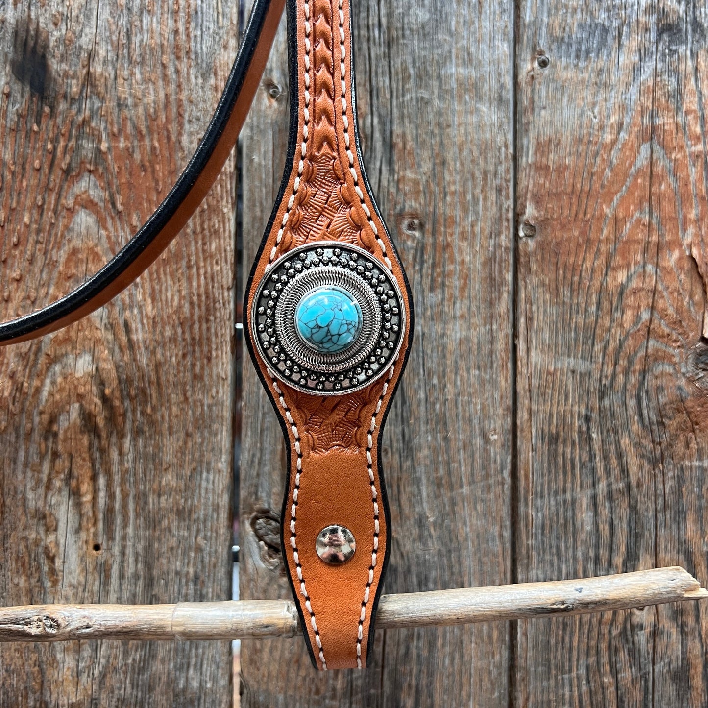 Light Oil Basketweave Turquoise and Dots Browband/One Ear Tack Set  #BBBC639