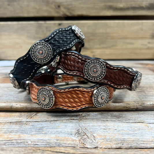 Leather Dog Collar With Flower and Dot Conchos 10" to 22" W230S -DC70