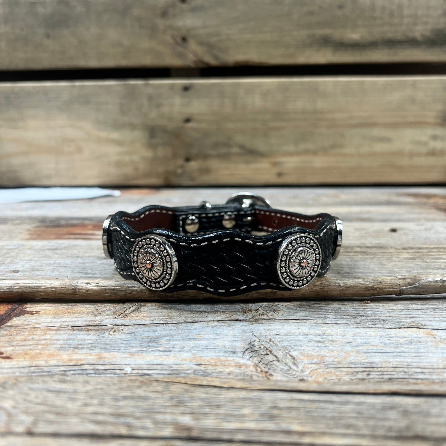 Leather Dog Collar With Flower and Dot Conchos 10" to 22" W230S -DC70