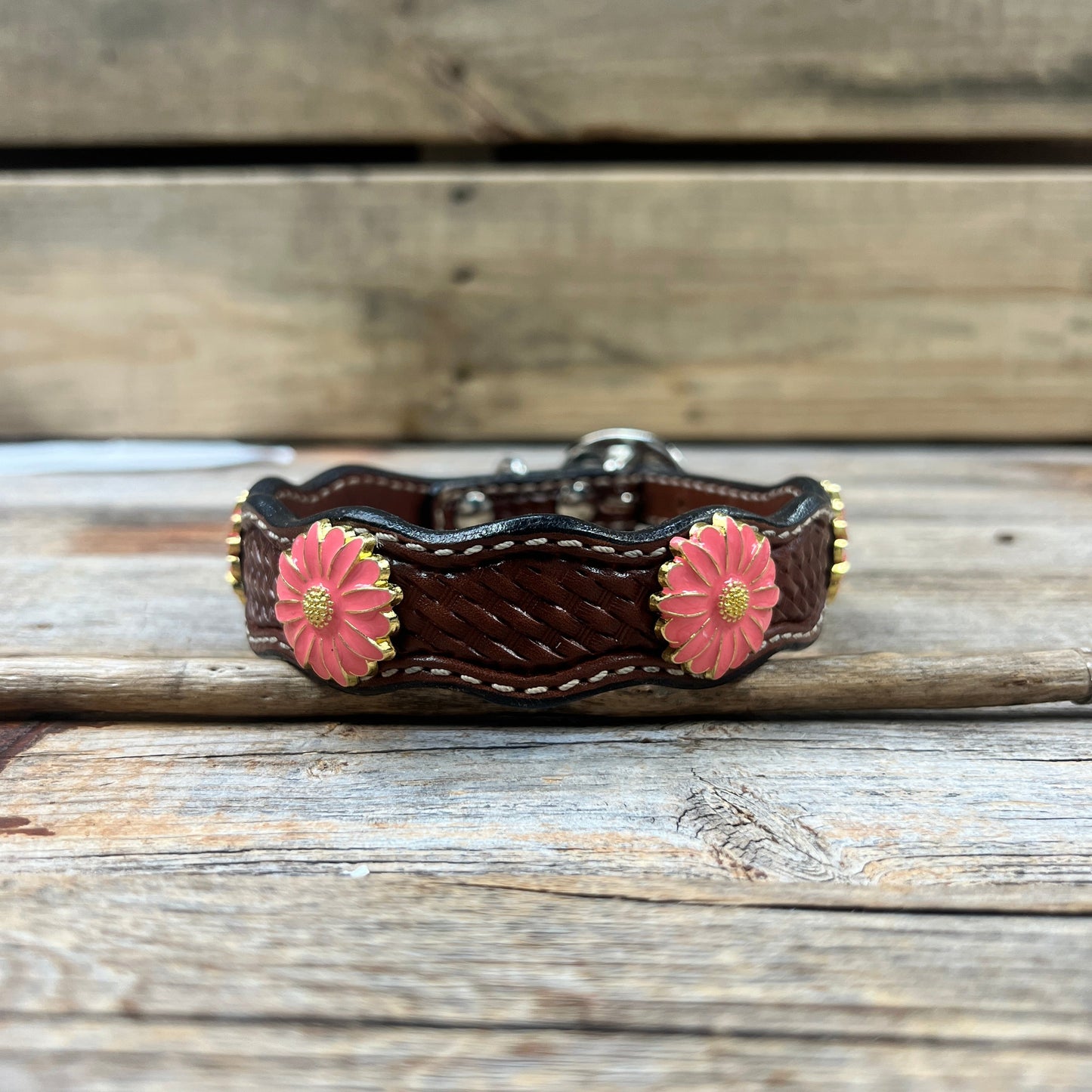 Leather Dog Collar With Pink Flower Conchos 10" to 22" W228S -DC72