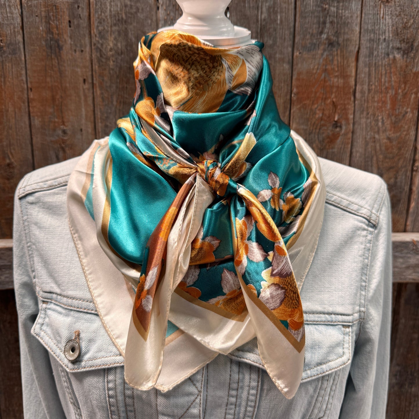 35X35" Teal and Cream Floral Wild Rag / Scarf WR3442
