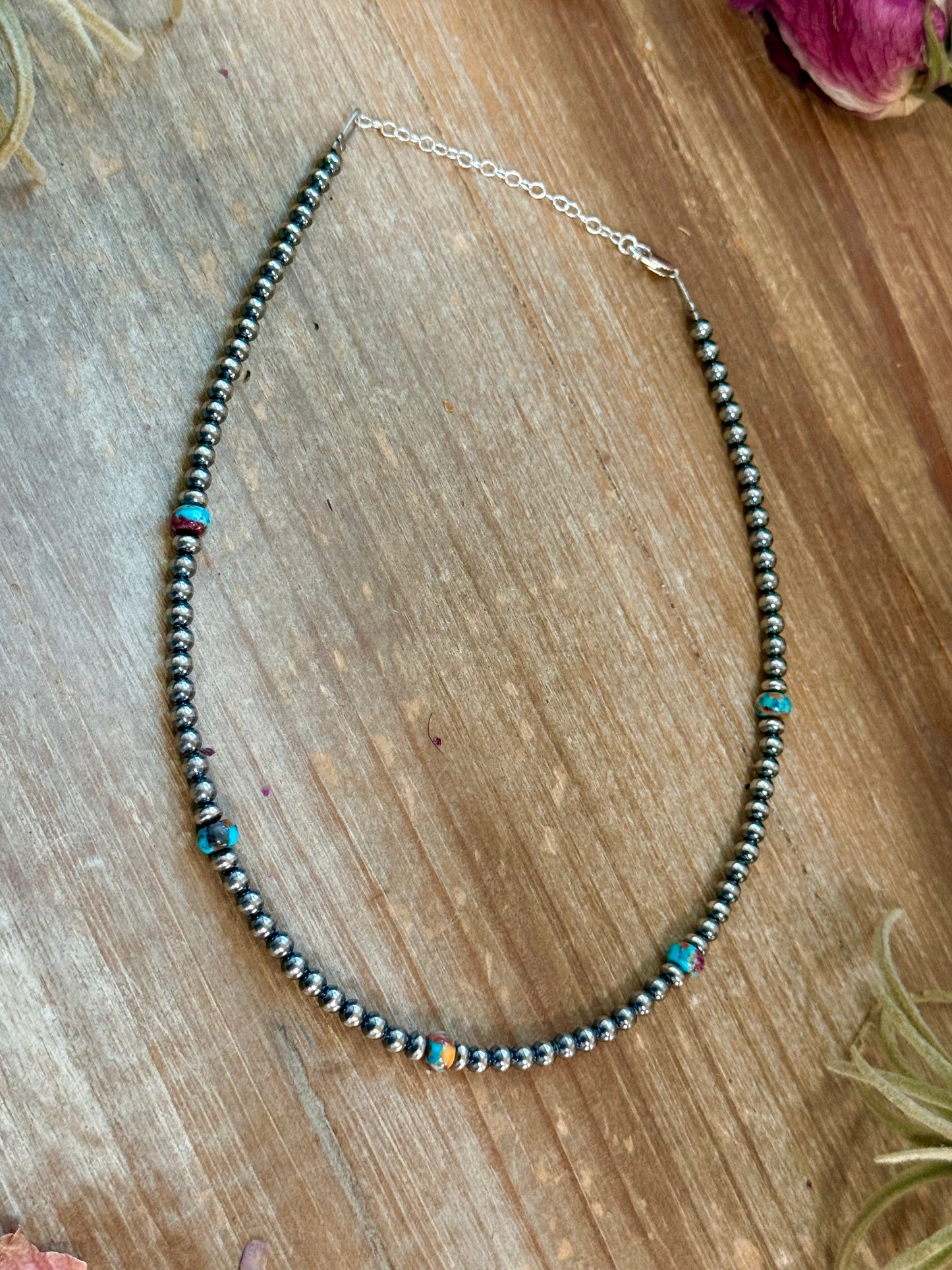 Mohave & Sterling Silver Beaded Necklace – 4 mm Sterling + 6 mm Mohave