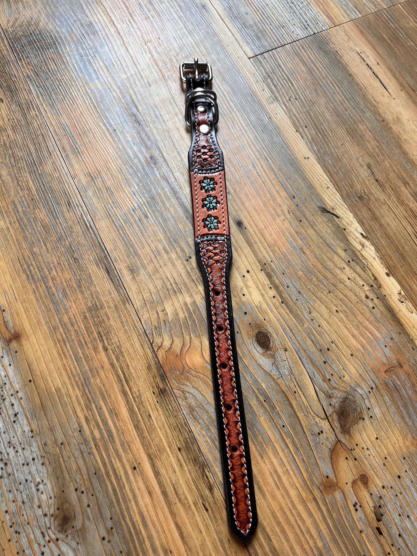Leather Handpainted Tooled Squash Blossom Dog Collar