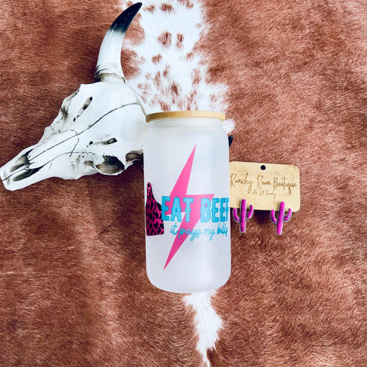 Eat Beef Pink Western Frosted Glass Tumbler