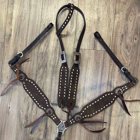 READY TO SHIP Western Tack Set - Rough Out Leather with White Buck Stitching (BHT038)