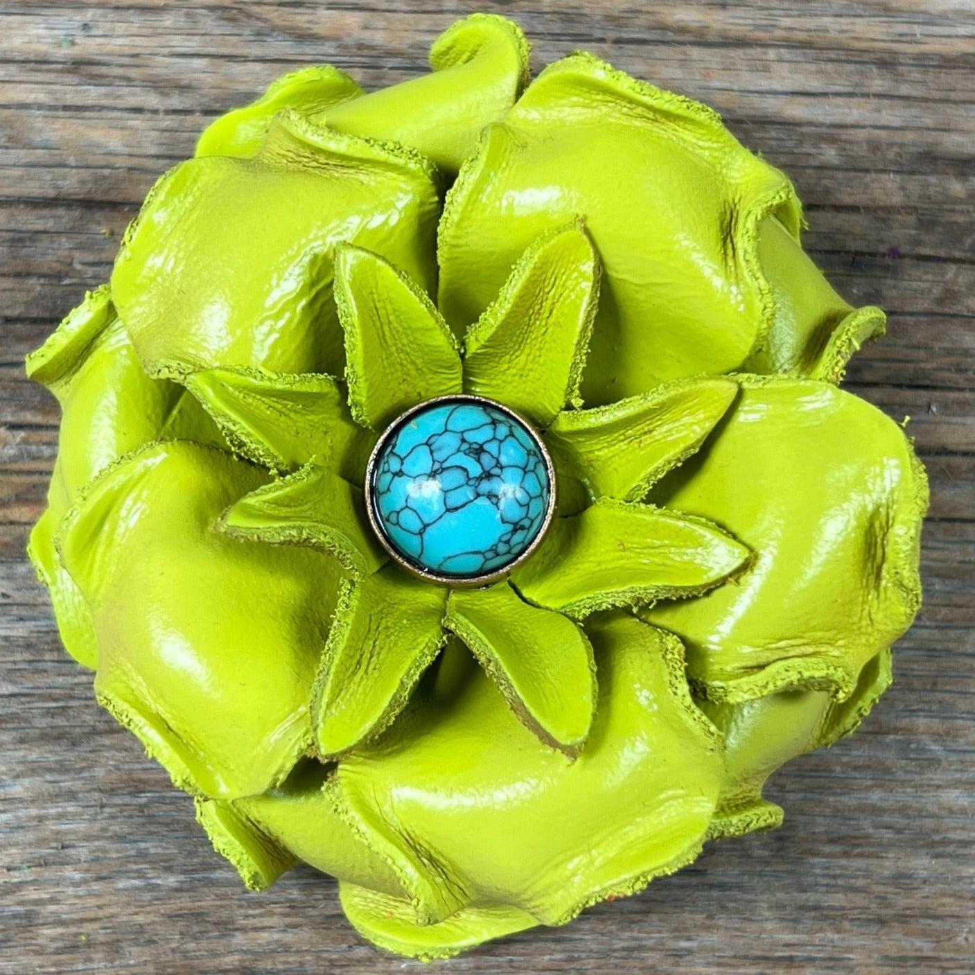 Lime Gardenia Flower With Round Turquoise Cabochon