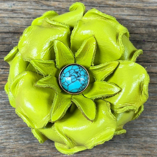 Lime Gardenia Flower With Round Turquoise Cabochon
