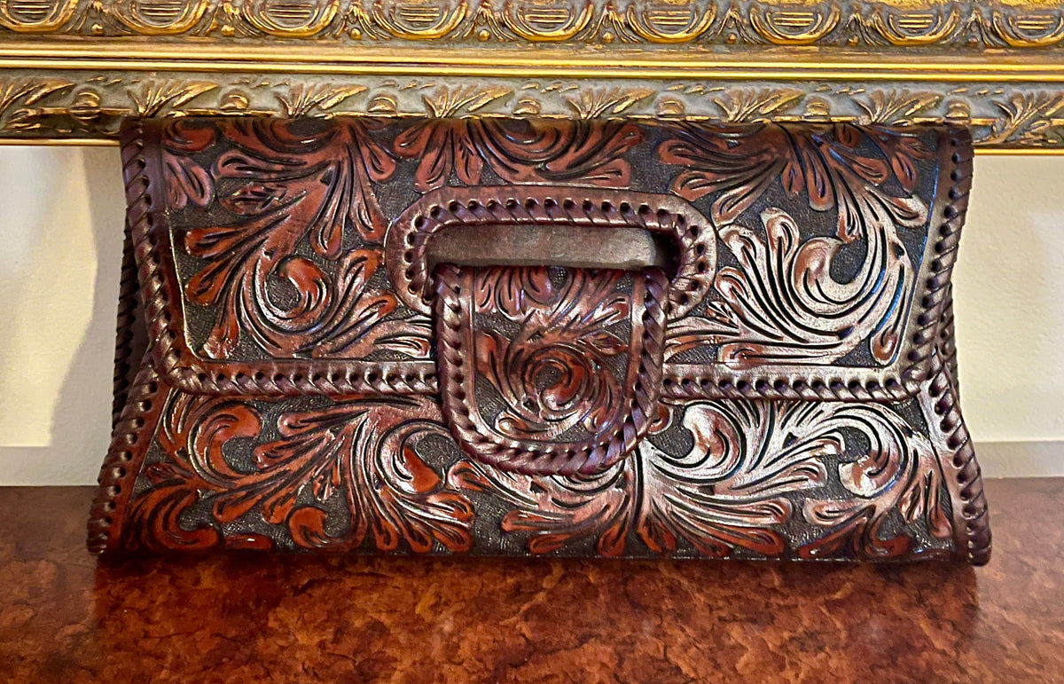 Hand-Tooled Leather Large Crossbody Clutch "LENGUETA" by ALLE