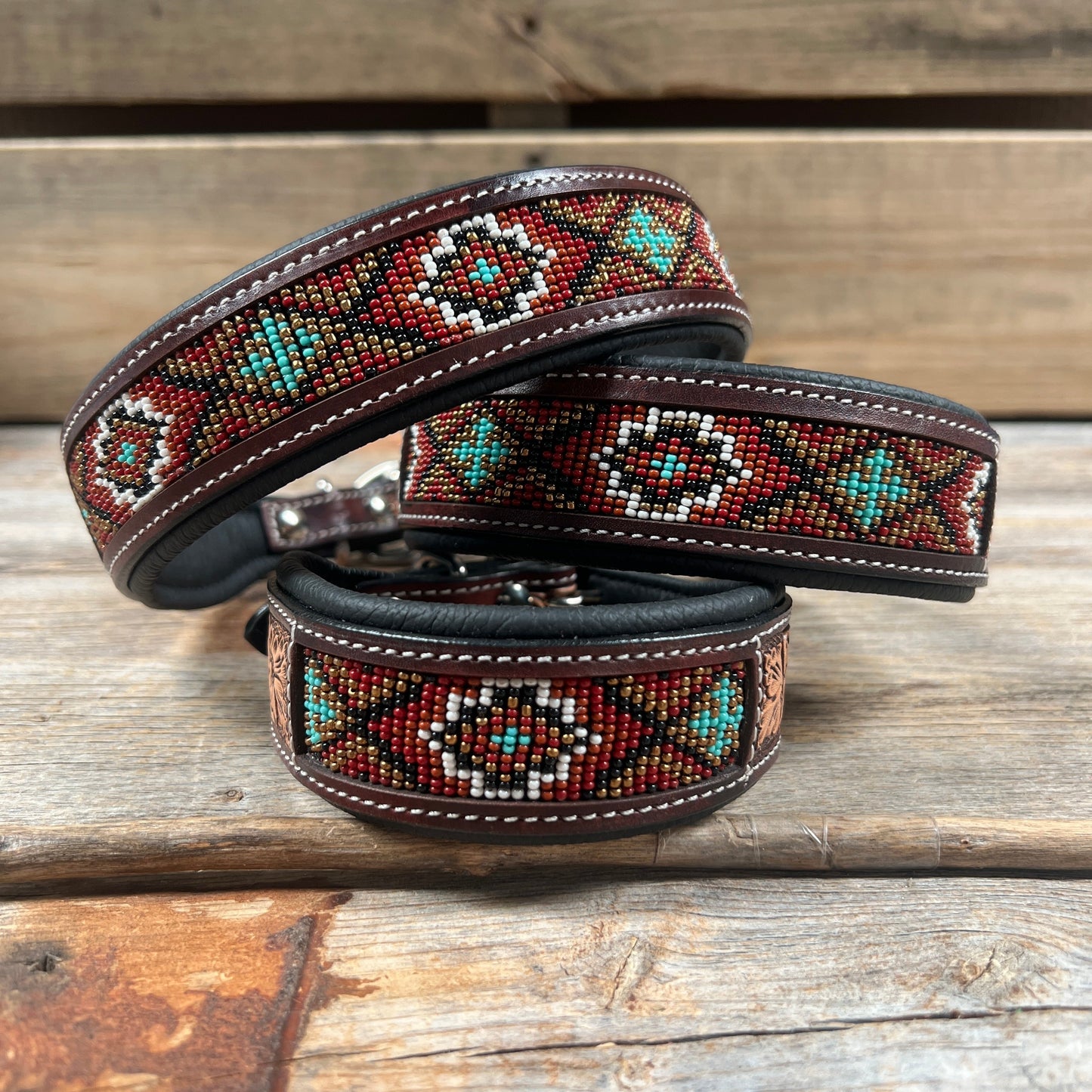 Tooled Red and Brown Leather Beaded Dog Collar #DC450