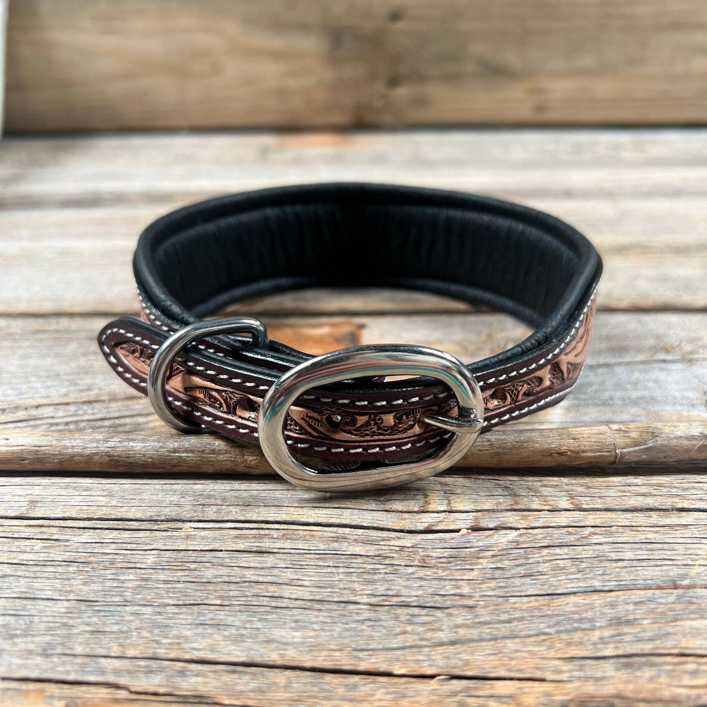 Tooled Red and Brown Leather Beaded Dog Collar #DC450