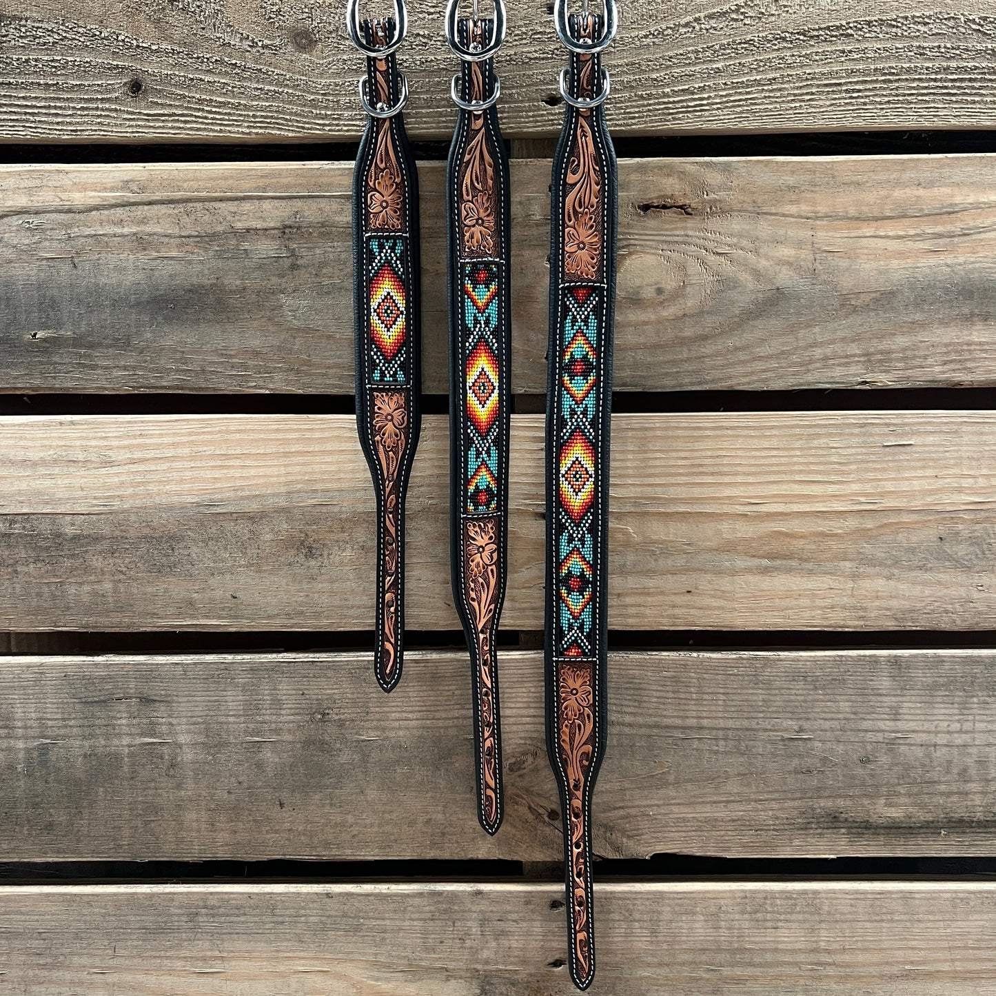Tooled Turquoise and Black Leather Beaded Dog Collar #DC448