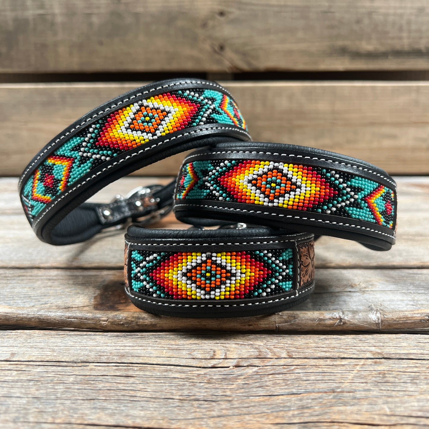 Tooled Turquoise and Black Leather Beaded Dog Collar #DC448
