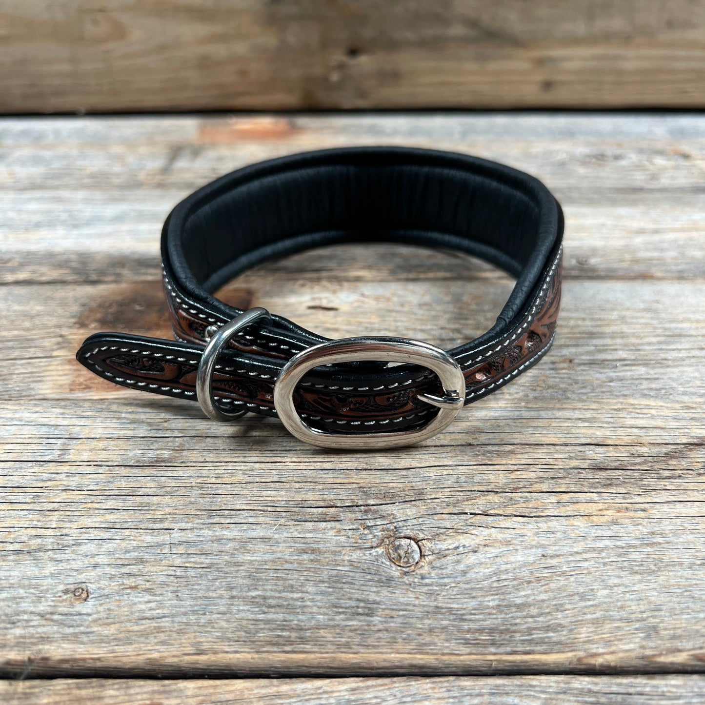 Tooled Turquoise and Gold Leather Beaded Dog Collar #DC449