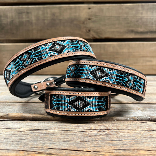 Tooled Light Blue and Black Leather Beaded Dog Collar #DC446