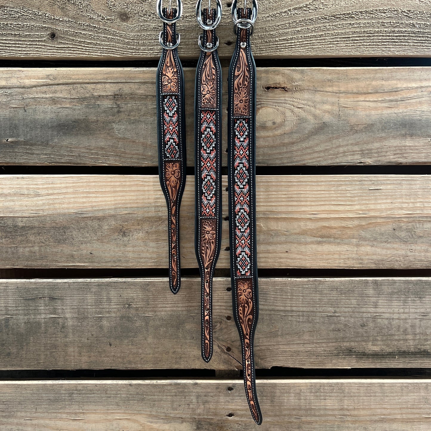 Tooled Peach and Black Leather Beaded Dog Collar #DC445