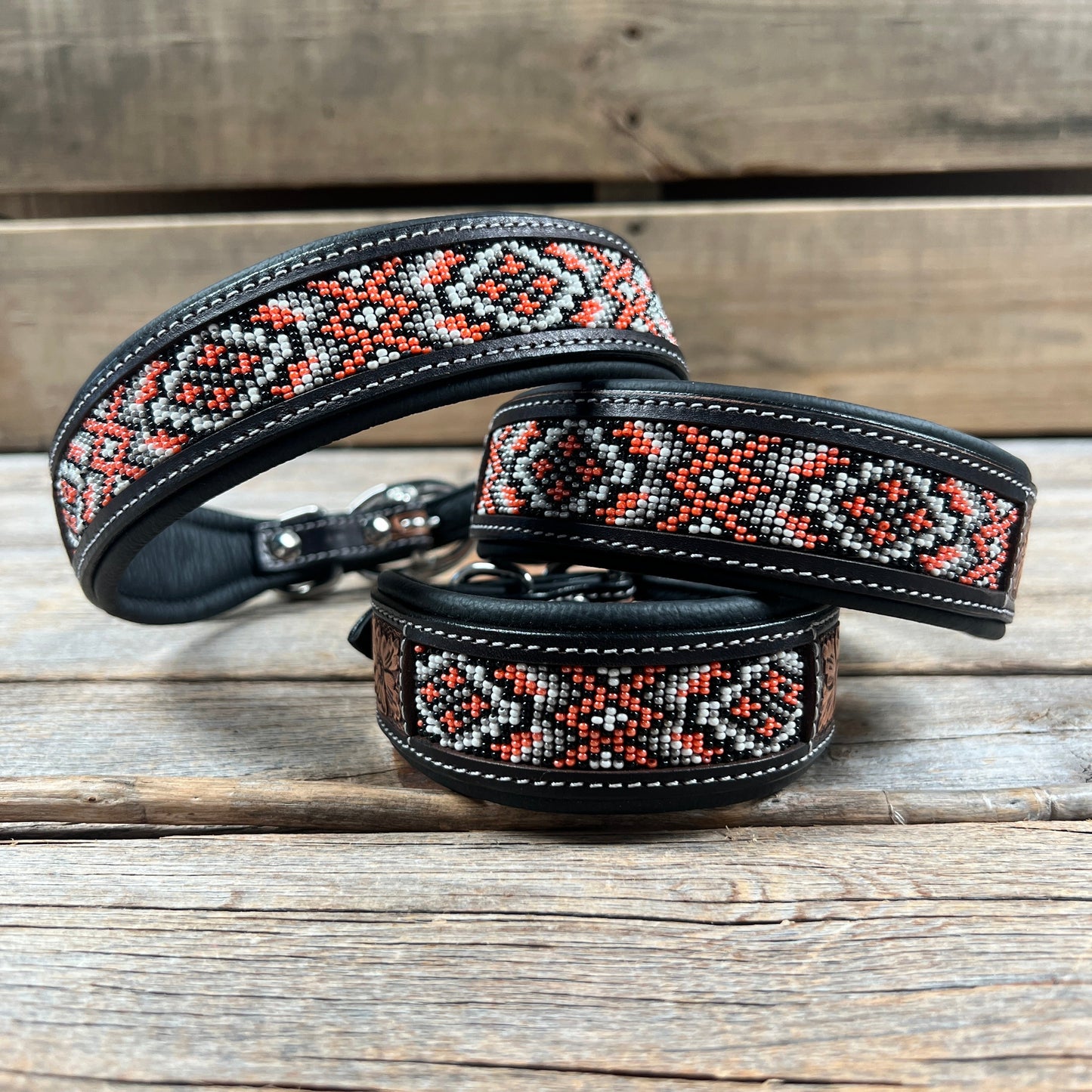 Tooled Peach and Black Leather Beaded Dog Collar #DC445