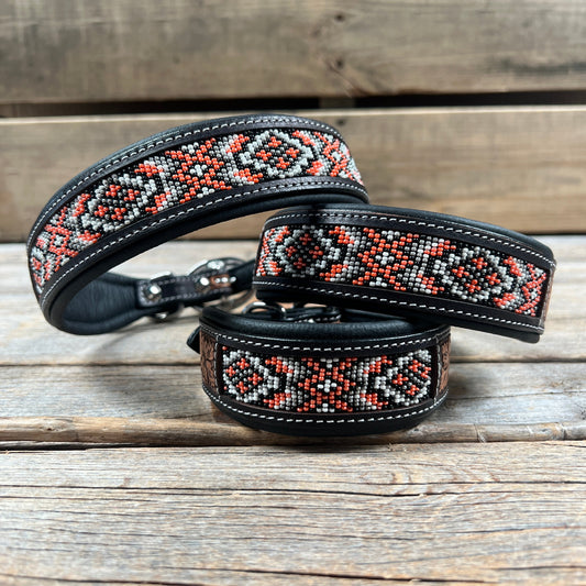 Tooled Peach and Black Leather Beaded Dog Collar #DC445